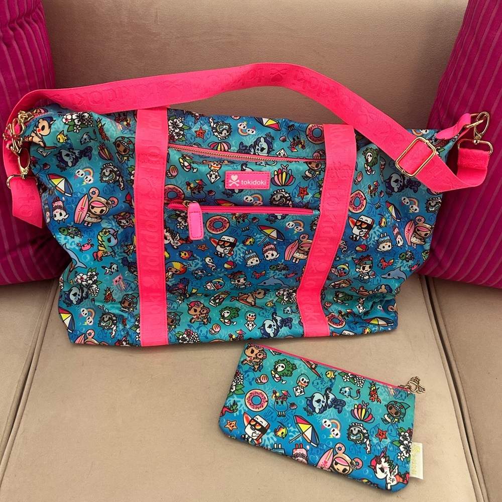 Tokidoki Blue and Pink Duffle Bag with Pouch